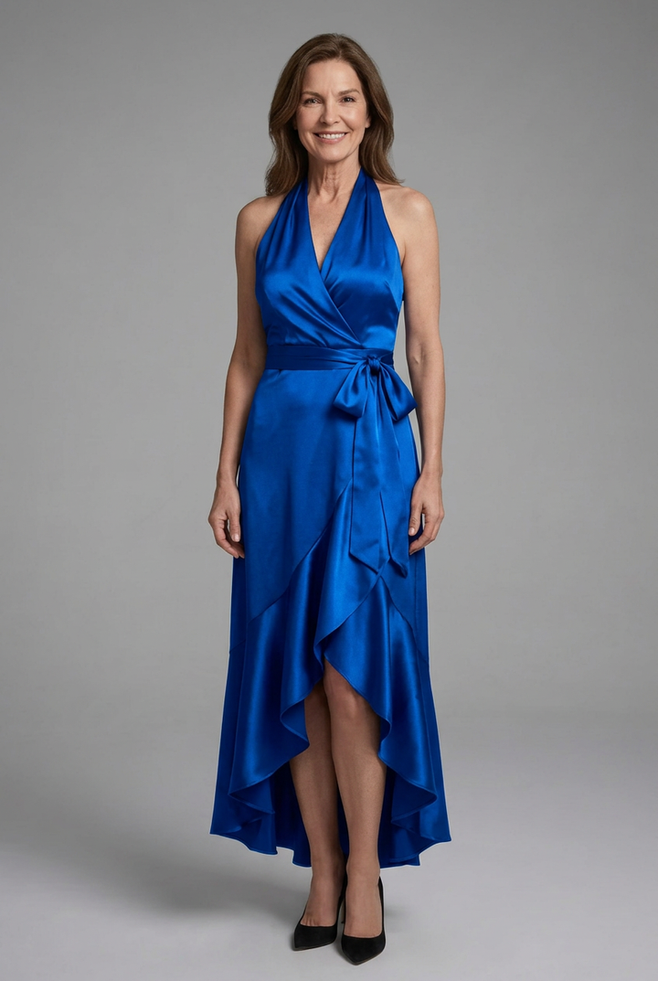 Selene | Halter Wrap Tie High Low Satin Dress