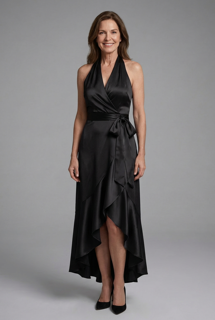 Selene | Halter Wrap Tie High Low Satin Dress