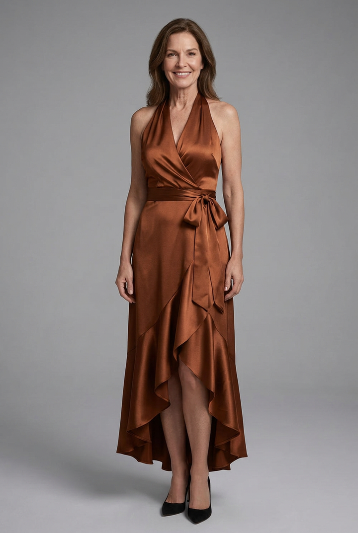 Selene | Halter Wrap Tie High Low Satin Dress