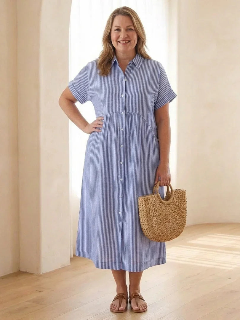 Linnea | Striped Button Front Short Sleeve Midi Dress