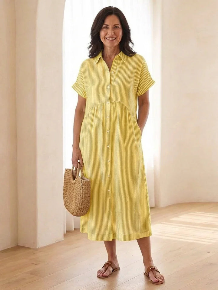 Linnea | Striped Button Front Short Sleeve Midi Dress