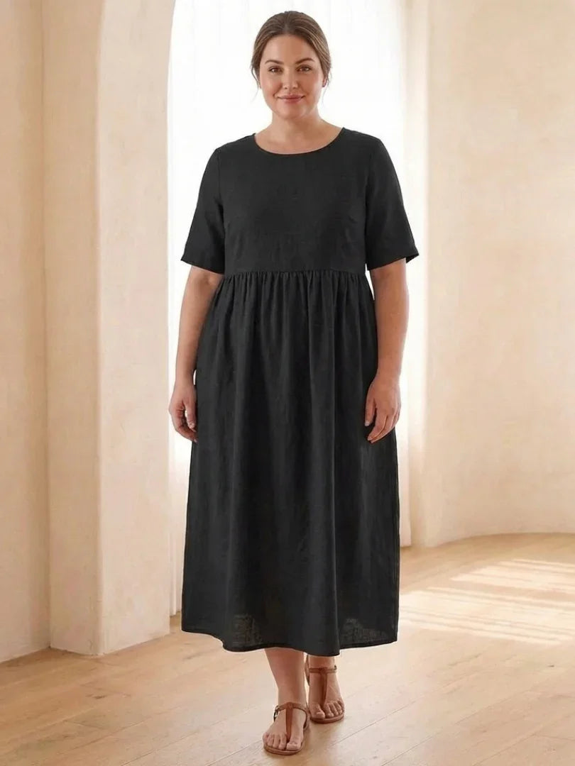 Maribel | Round Neck Short Sleeve Gathered Midi Dress