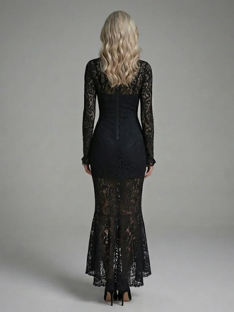 Margaret | Long Sleeve High Neck Lace Midi Dress