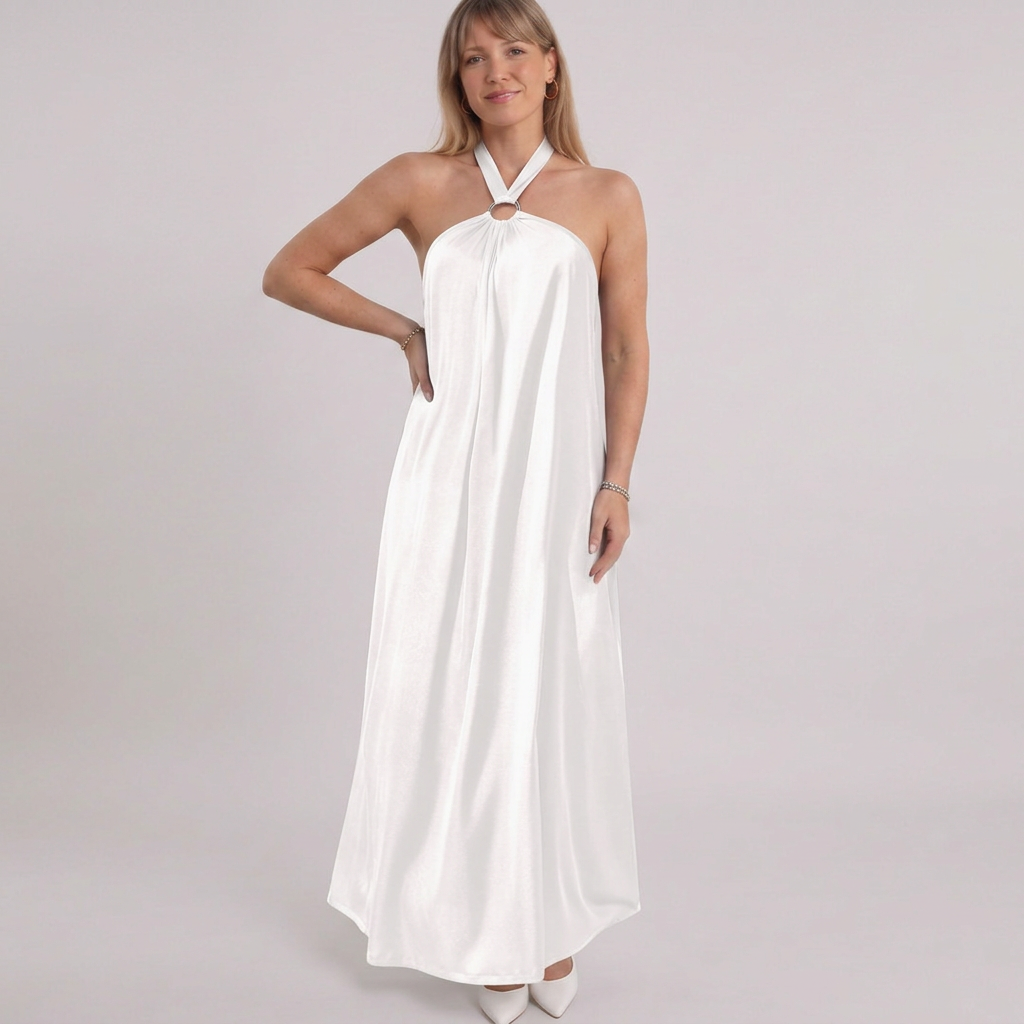 Avelen | Ring Detail Halter Neck Satin Maxi Dress