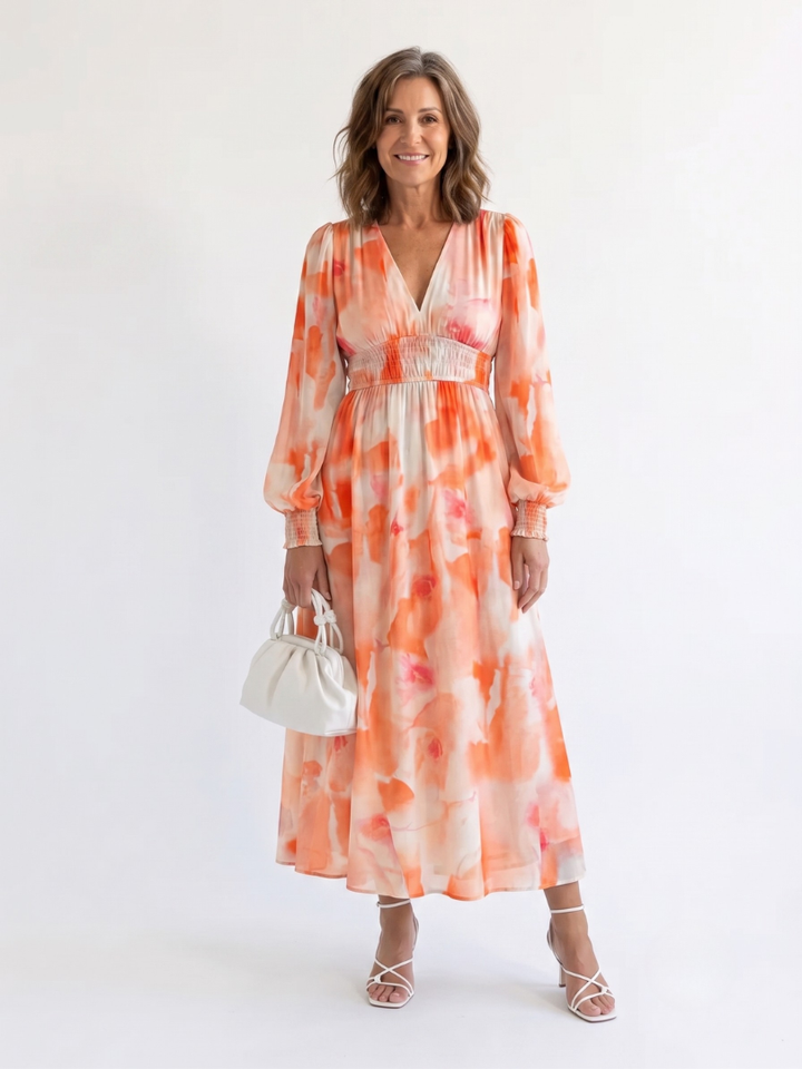 Althea | Women’s Maxi Dress with Long Sleeves and Elastic Waist Seam