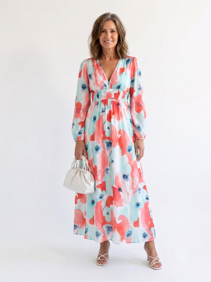 Althea | Women’s Maxi Dress with Long Sleeves and Elastic Waist Seam
