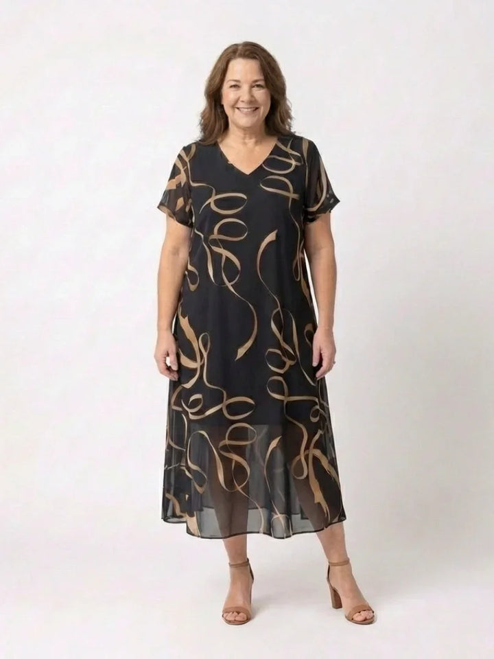 Marisa | V Neck Short Sleeve Midi Dress Abstract Print