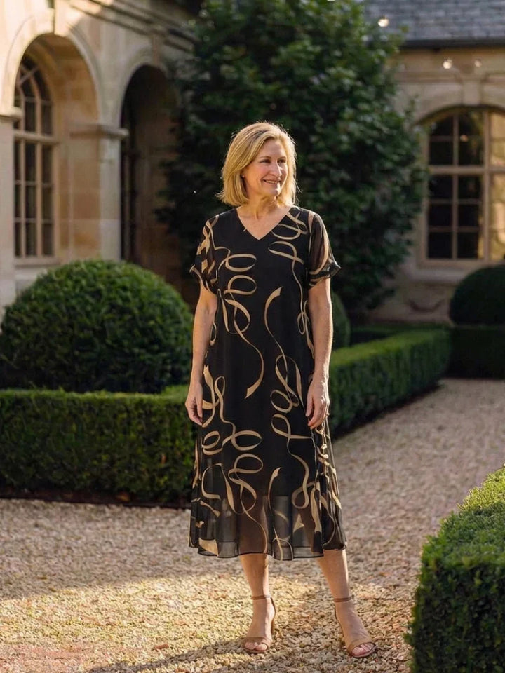 Marisa | V Neck Short Sleeve Midi Dress Abstract Print