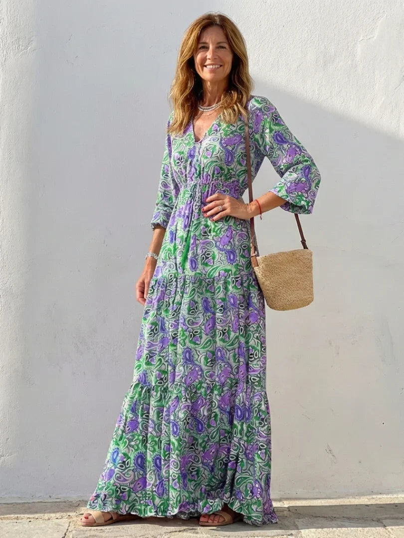 Isabella | Long Sleeve V Neck Bohemian Maxi Dress