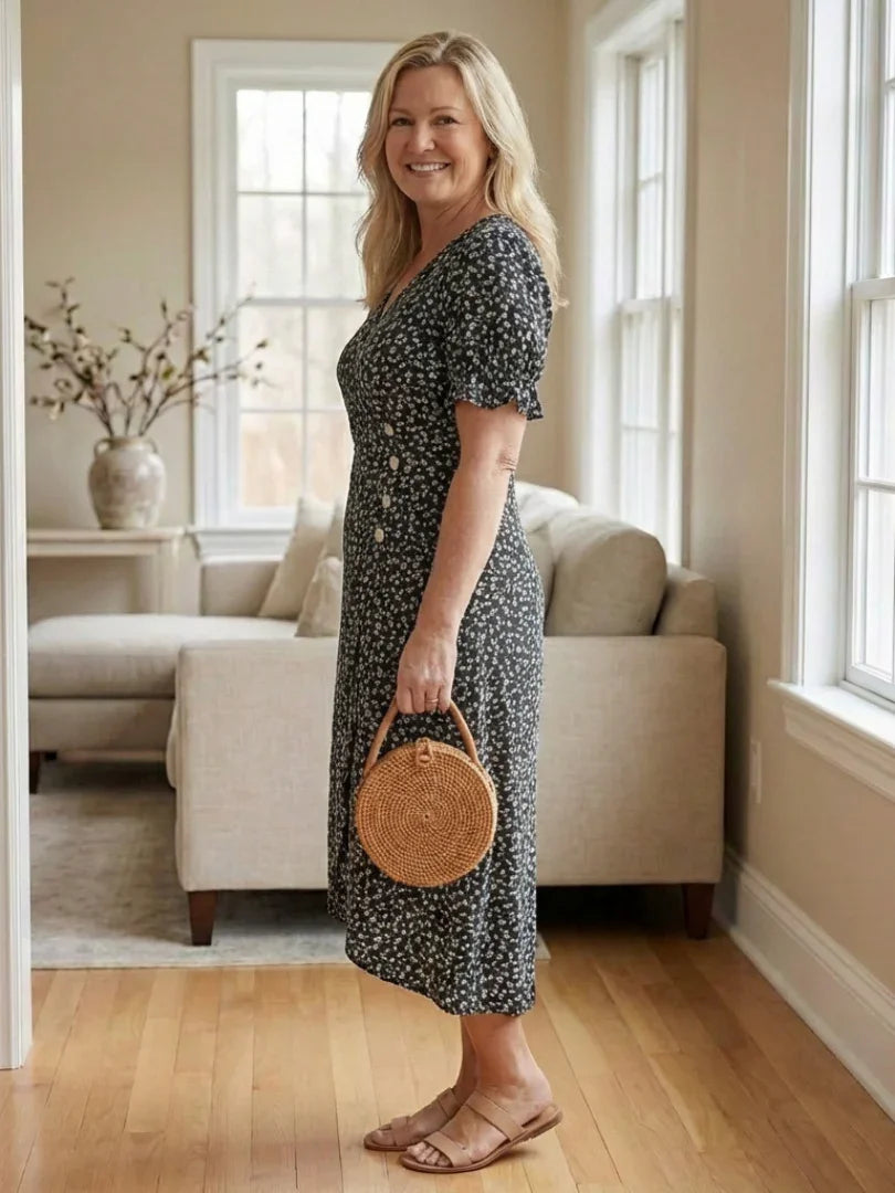Margaret | Short Sleeve V Neck Floral Midi Dress