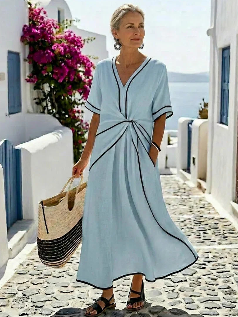 Linnea | V Neck Short Sleeve Gathered Waist Midi Dress