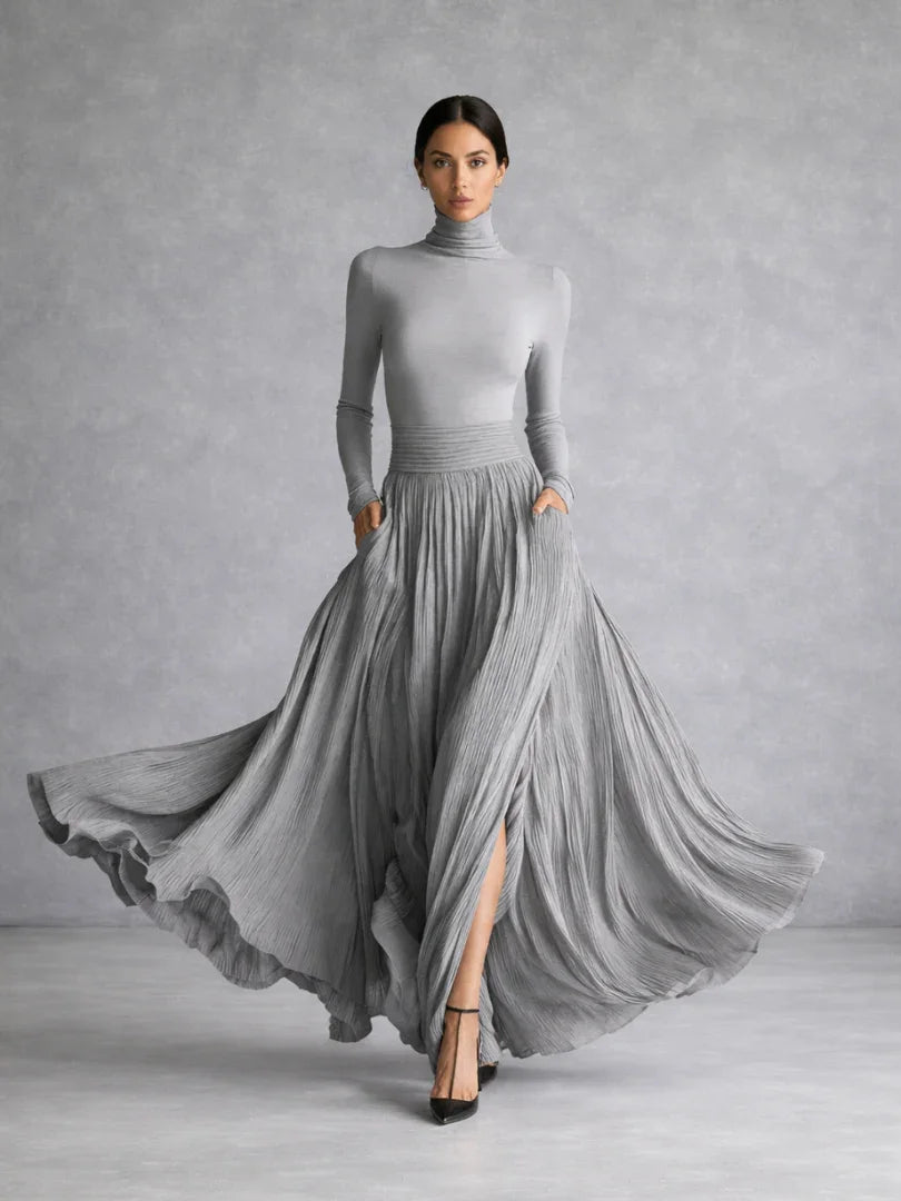 Isla | Pleated Full Skirt Turtleneck Maxi Dress
