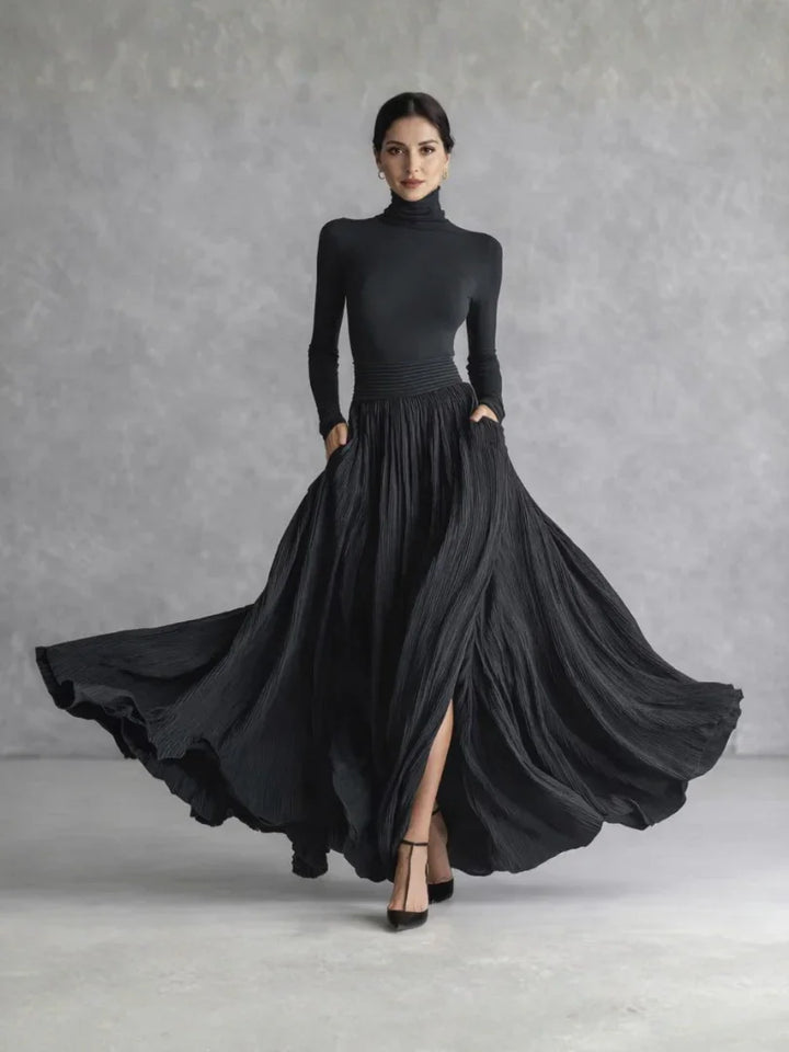 Isla | Pleated Full Skirt Turtleneck Maxi Dress