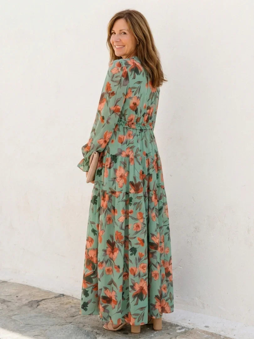 Elena | Long Sleeve V Neck Floral Maxi Dress