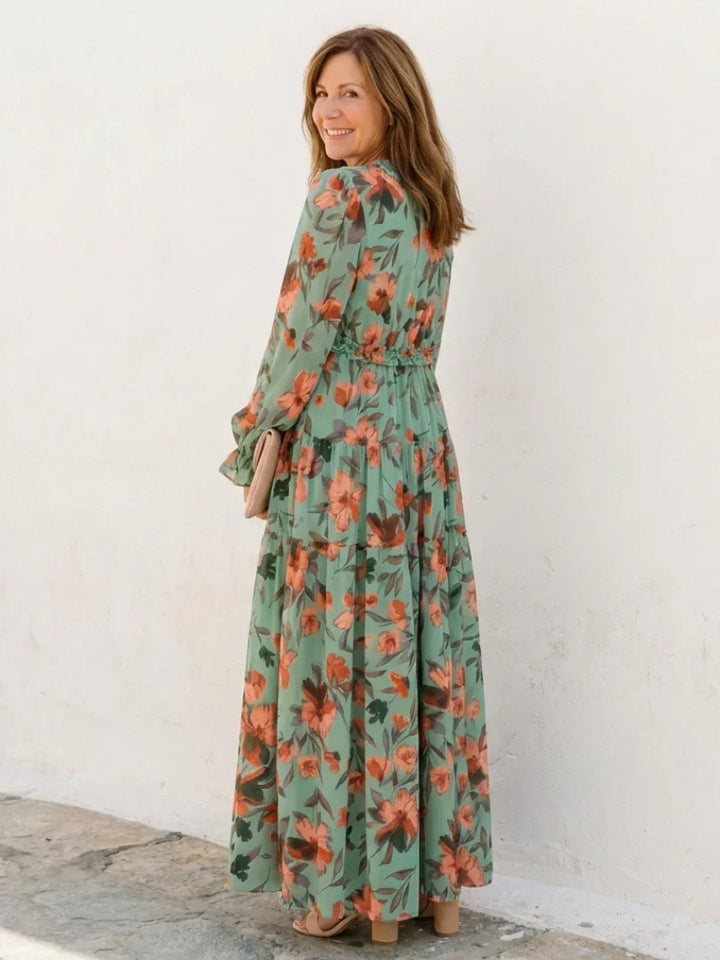 Elena | Long Sleeve V Neck Floral Maxi Dress