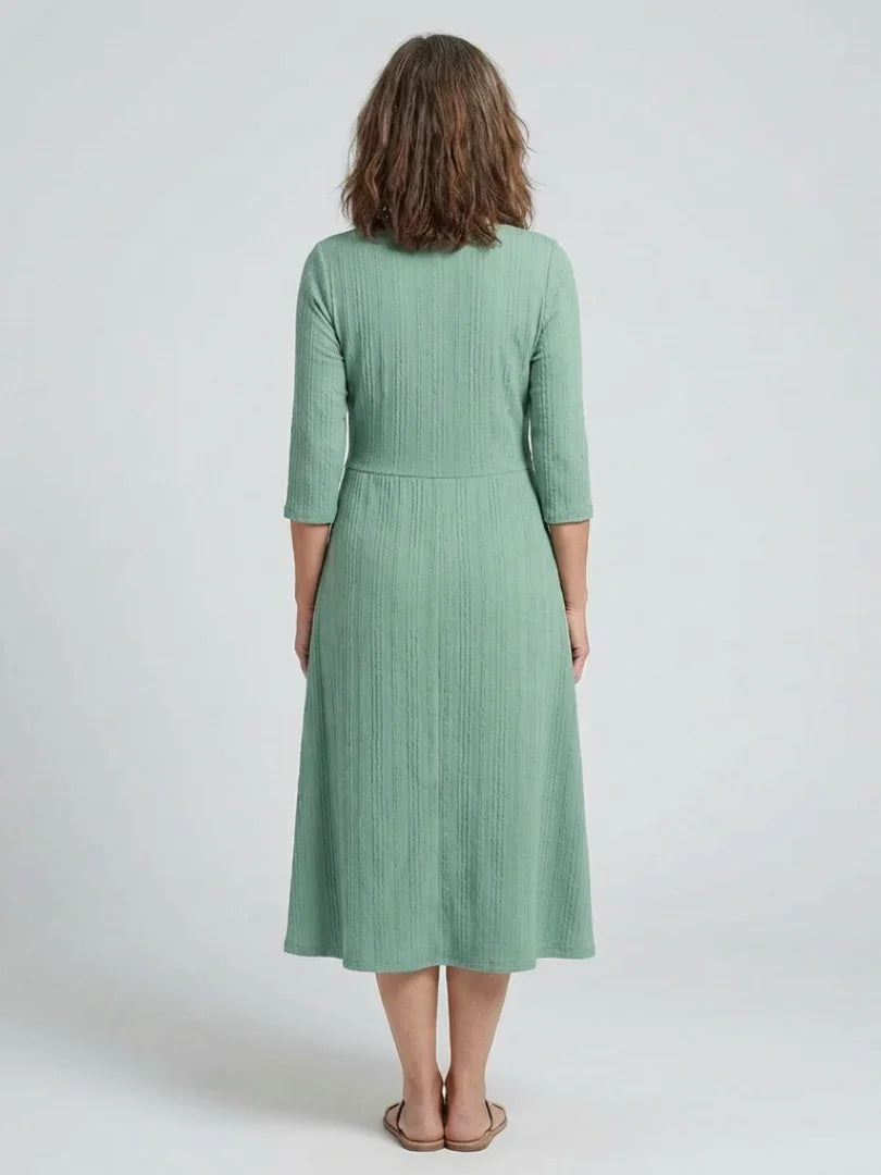 Isolde | Cross Pleated V Neck Button Front Midi Dress