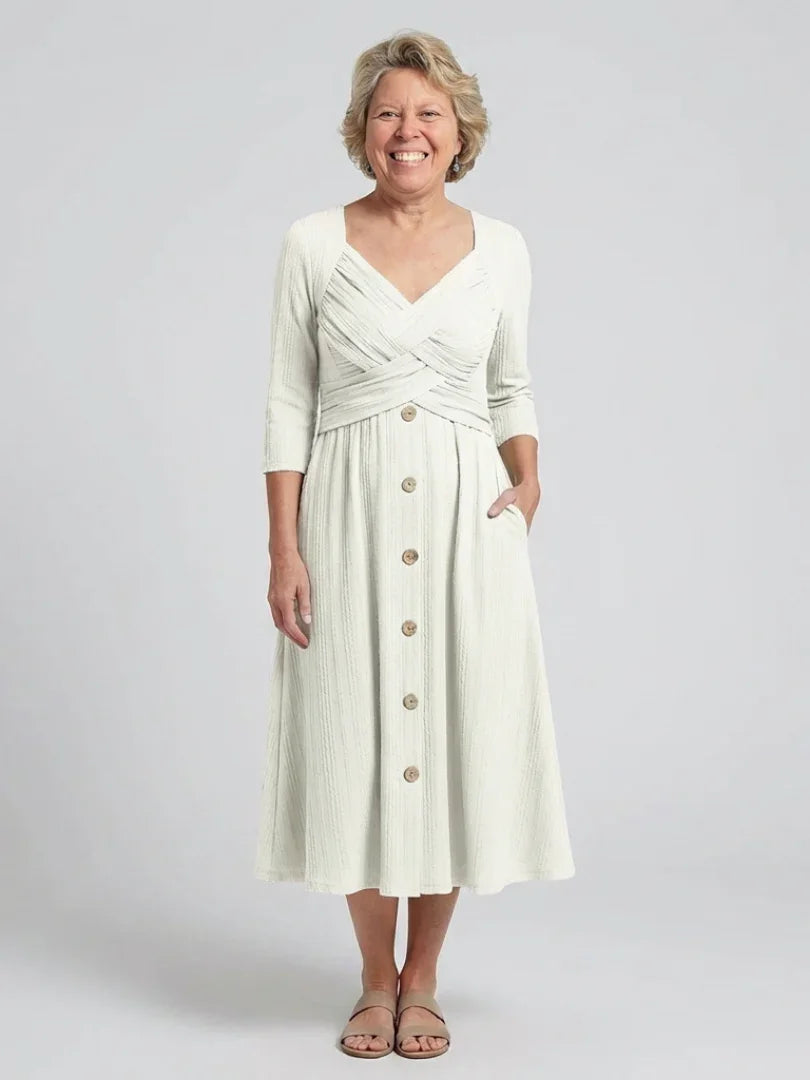 Isolde | Cross Pleated V Neck Button Front Midi Dress