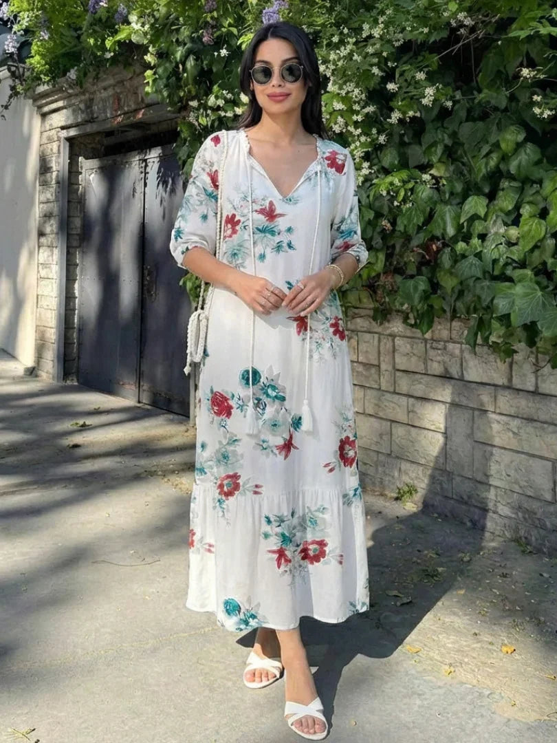 Lillian | Floral V Neck Short Sleeve Midi Dress