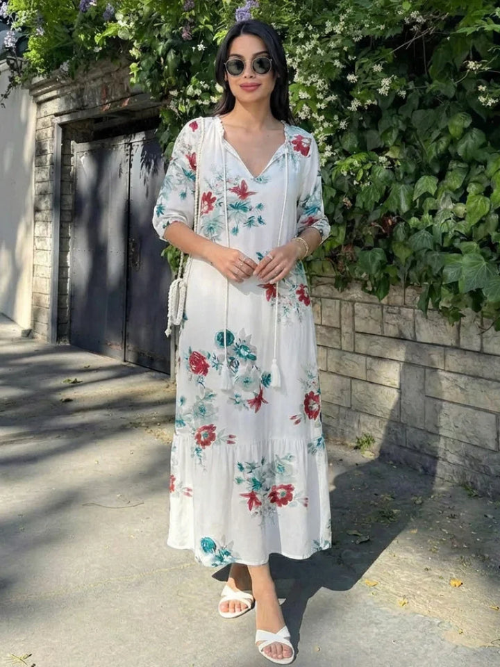 Lillian | Floral V Neck Short Sleeve Midi Dress