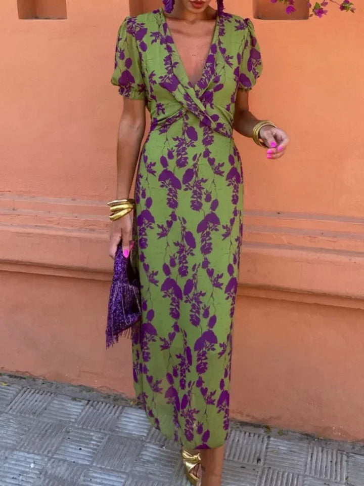 Clara | Short Sleeve Floral V Neck Midi Dress