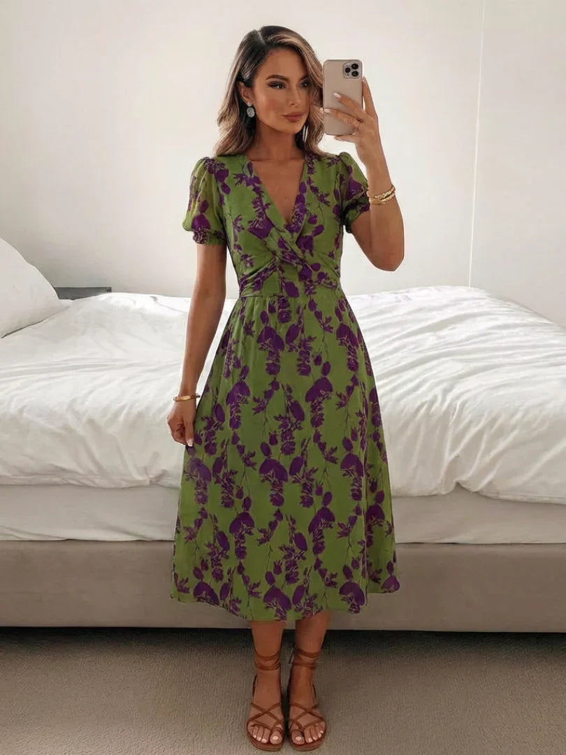 Clara | Short Sleeve Floral V Neck Midi Dress
