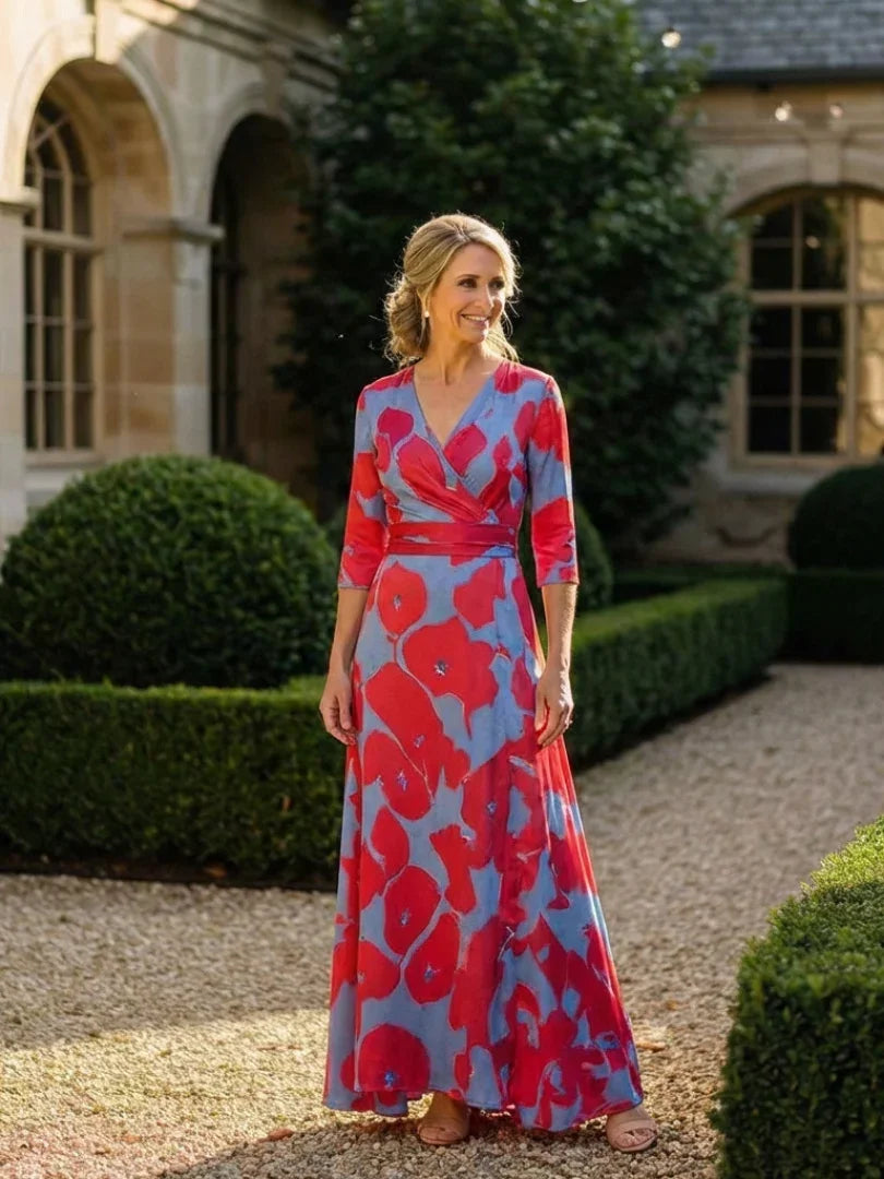 Danielle | Three Quarter Sleeve V Neck Floral Maxi Dress
