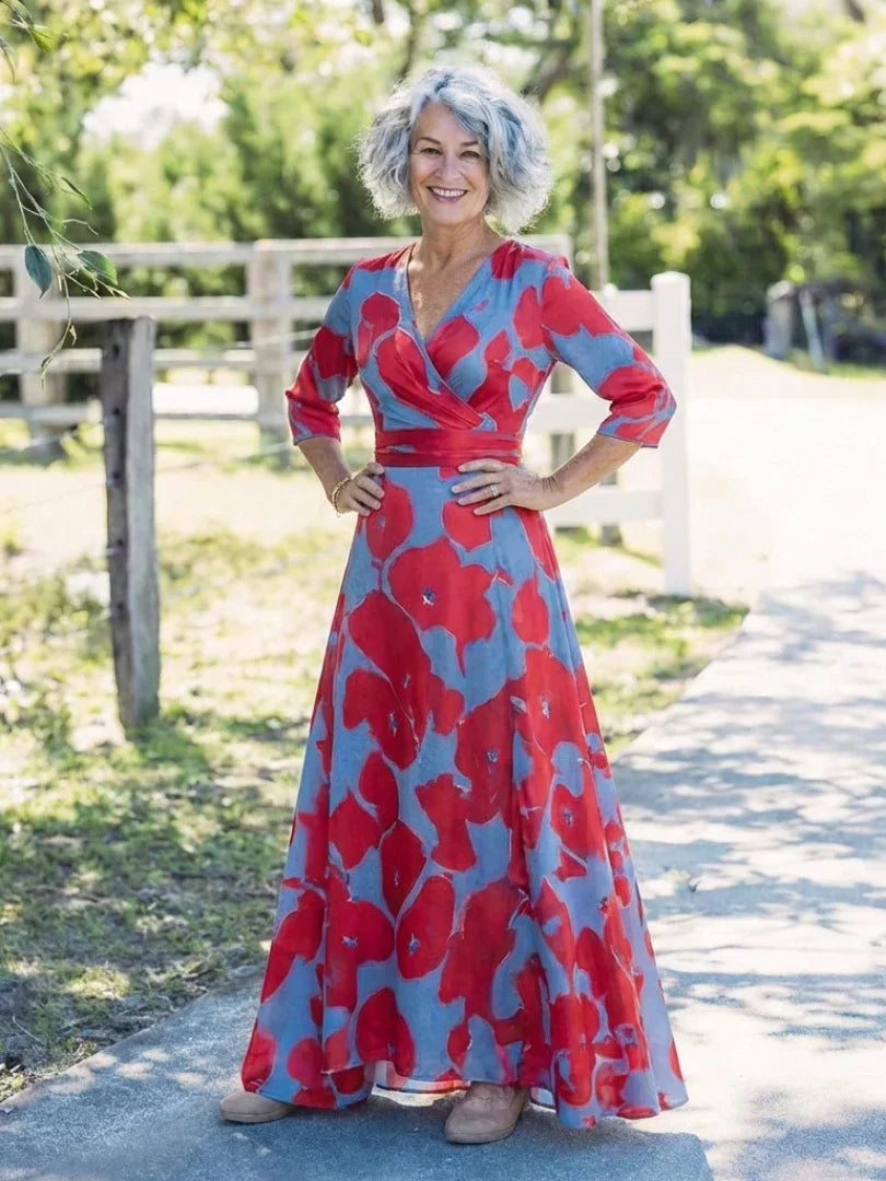 Danielle | Three Quarter Sleeve V Neck Floral Maxi Dress